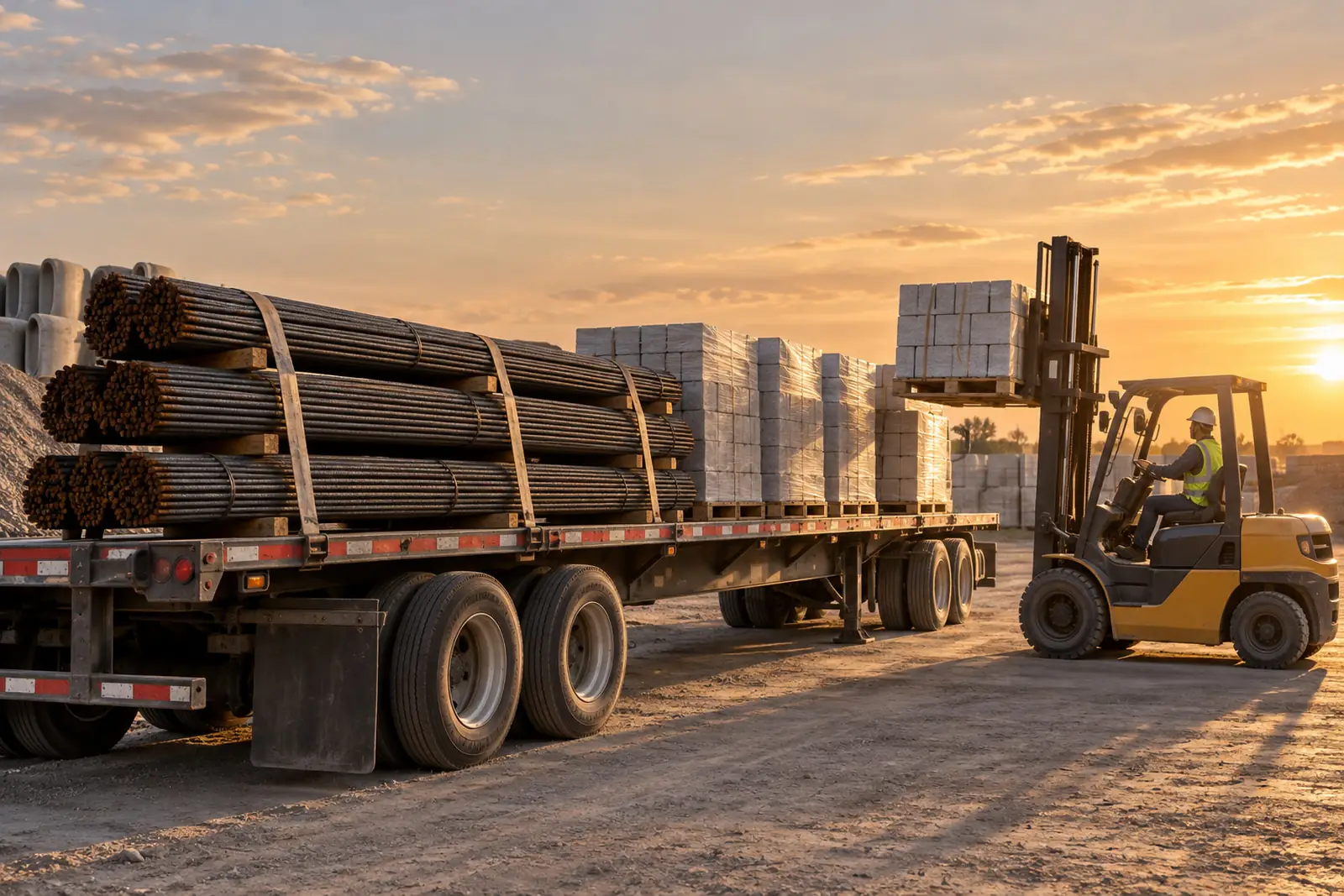 Steel rebar bundles and palletised blocks loaded on a flatbed trailer