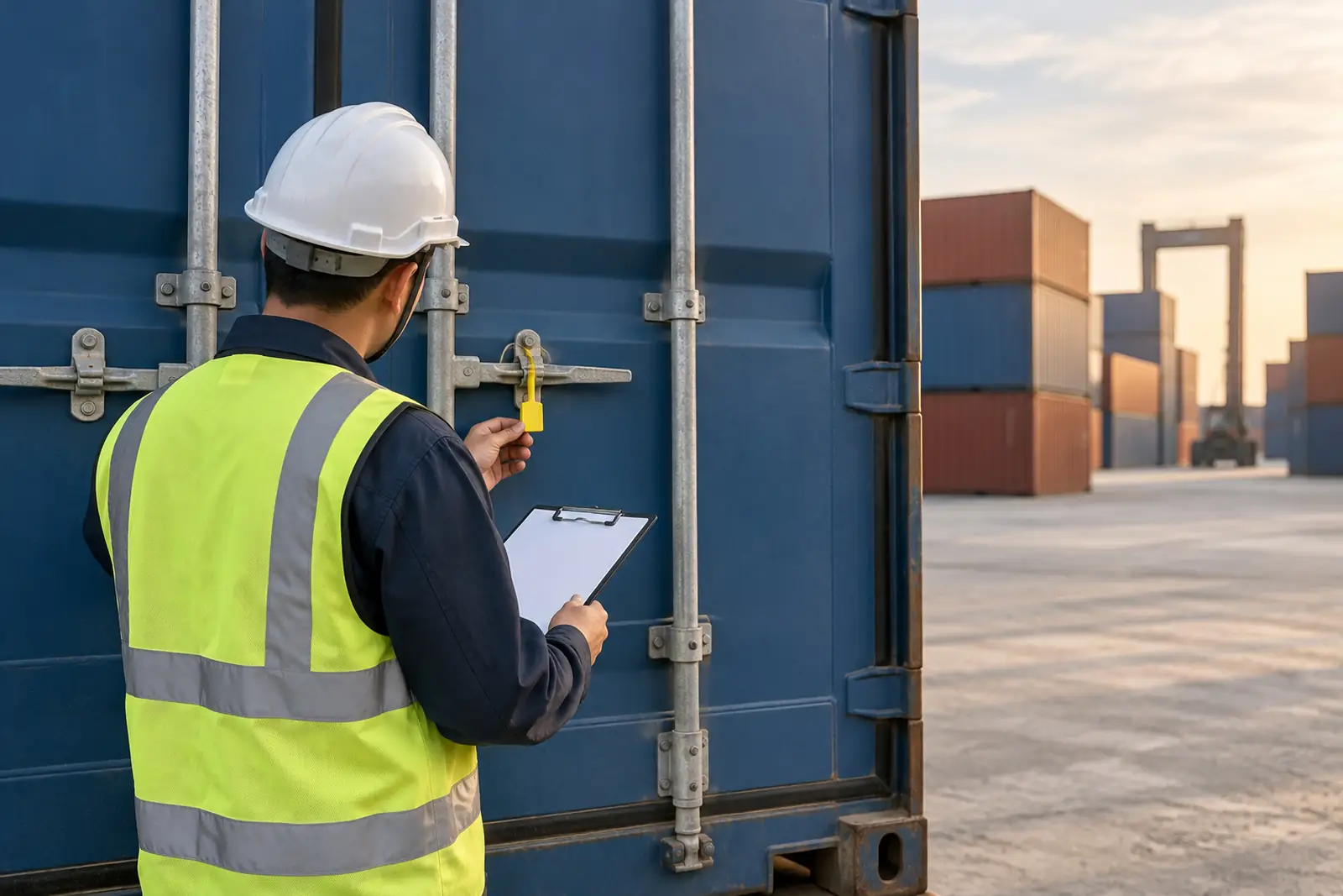 An inspector checking a container door seal against shipping papers