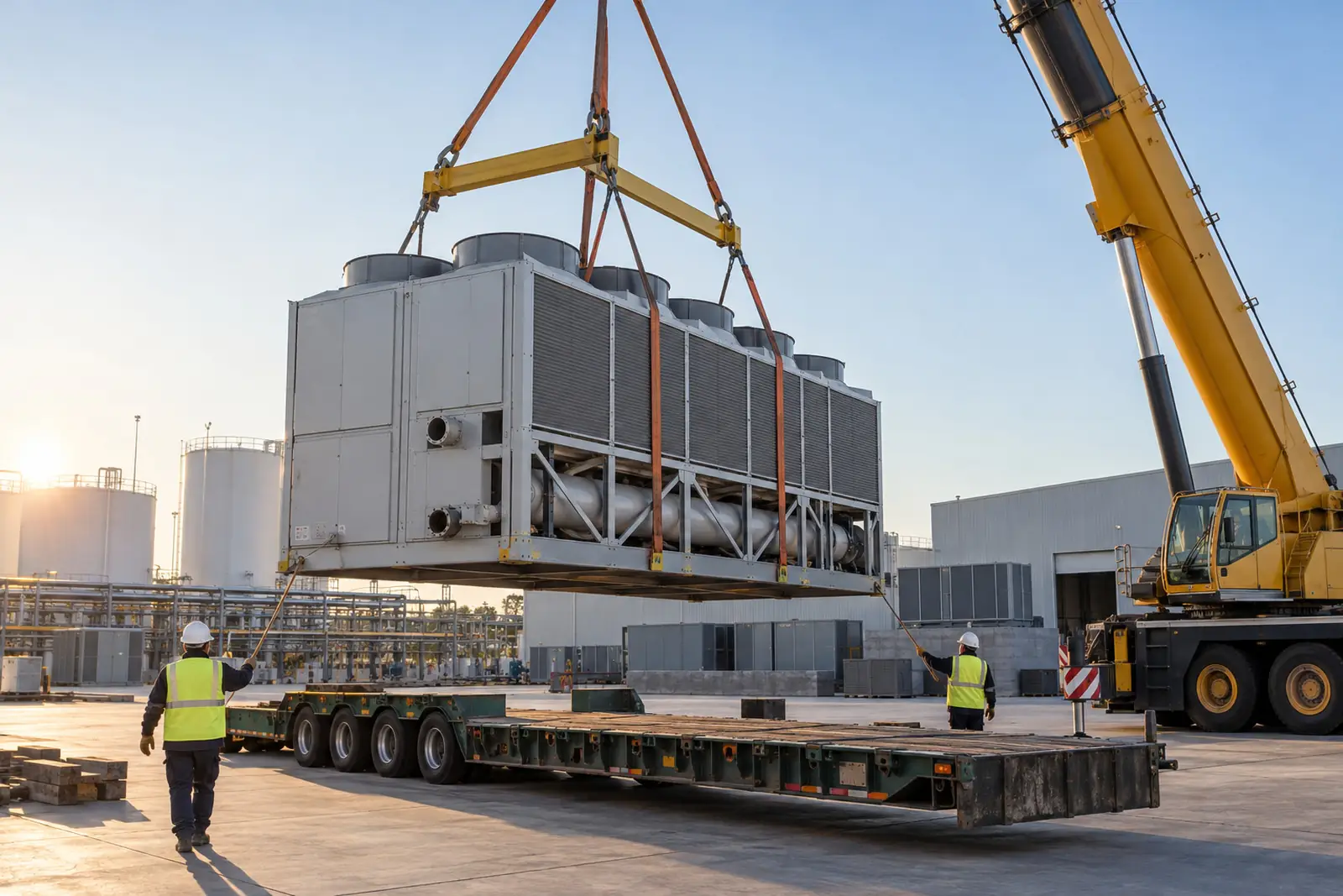 A large industrial chiller unit being lifted by crane onto a flatbed trailer