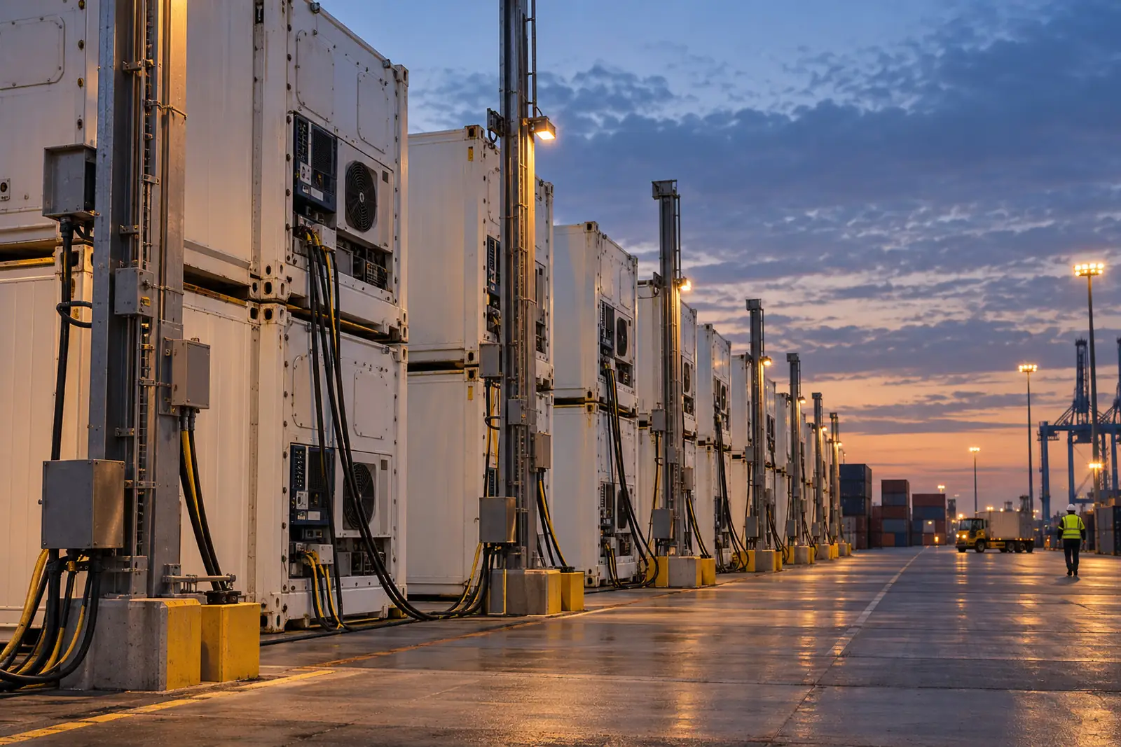 Rows of refrigerated containers plugged in at a container terminal