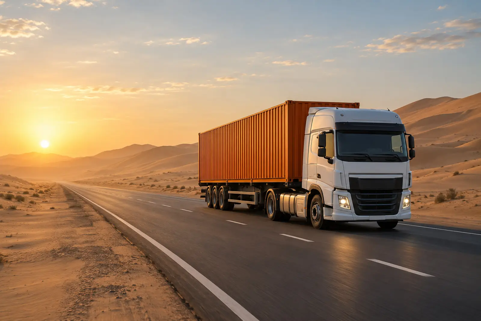 A container truck on an empty desert highway at sunrise