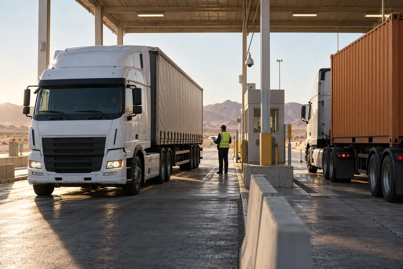 A curtain-side truck and a container truck in a covered border inspection lane, with an officer holding a clipboard